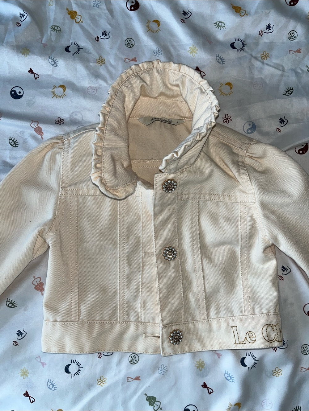 chic Cream Ruffle Collar Jean Jacket for Girls, Size 2